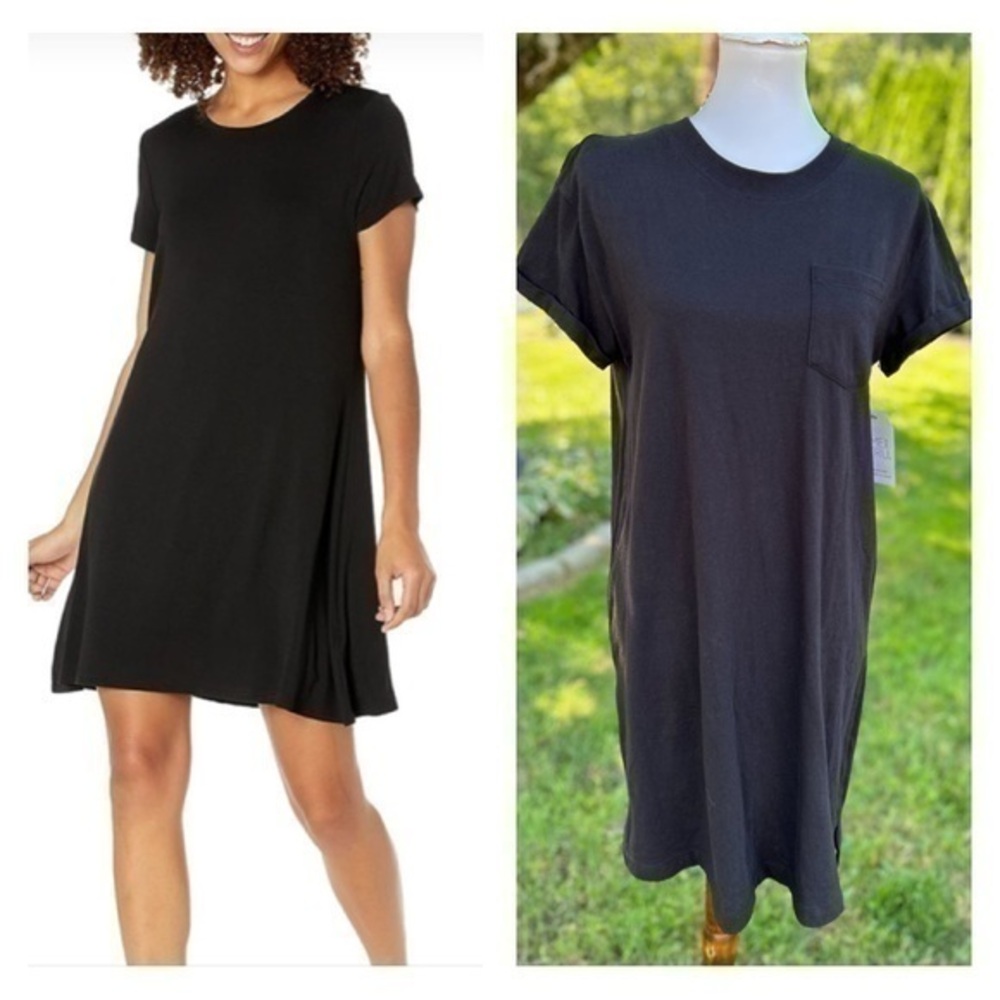 Black T-shirt dress with cuffed sleeves and front breast pocket